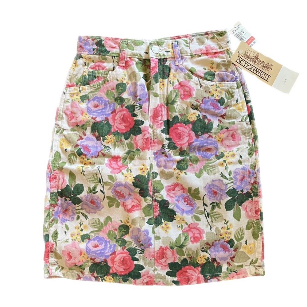 ACTION WEST VTG New Old Stock Floral Denim Mini Pencil Skirt Size 5